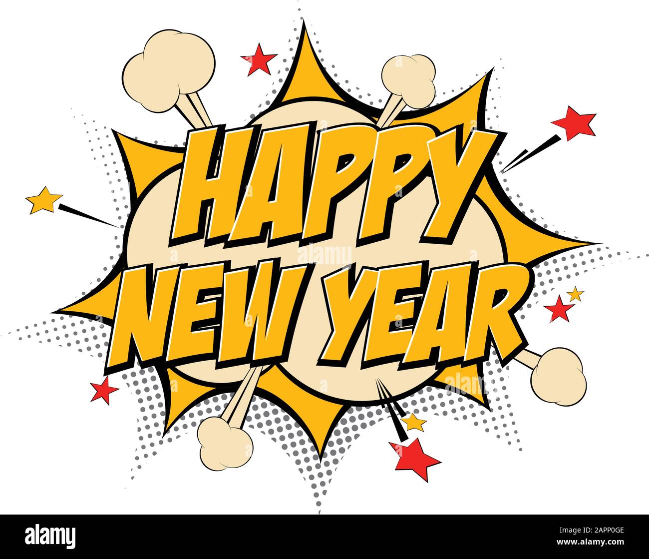 Fröhlicher Neujahrs-Pop-Art-Comic-Hintergrund blitzschnelle Halbtonpunkte. Cartoon Vector Illustration auf blau Stock Vektor