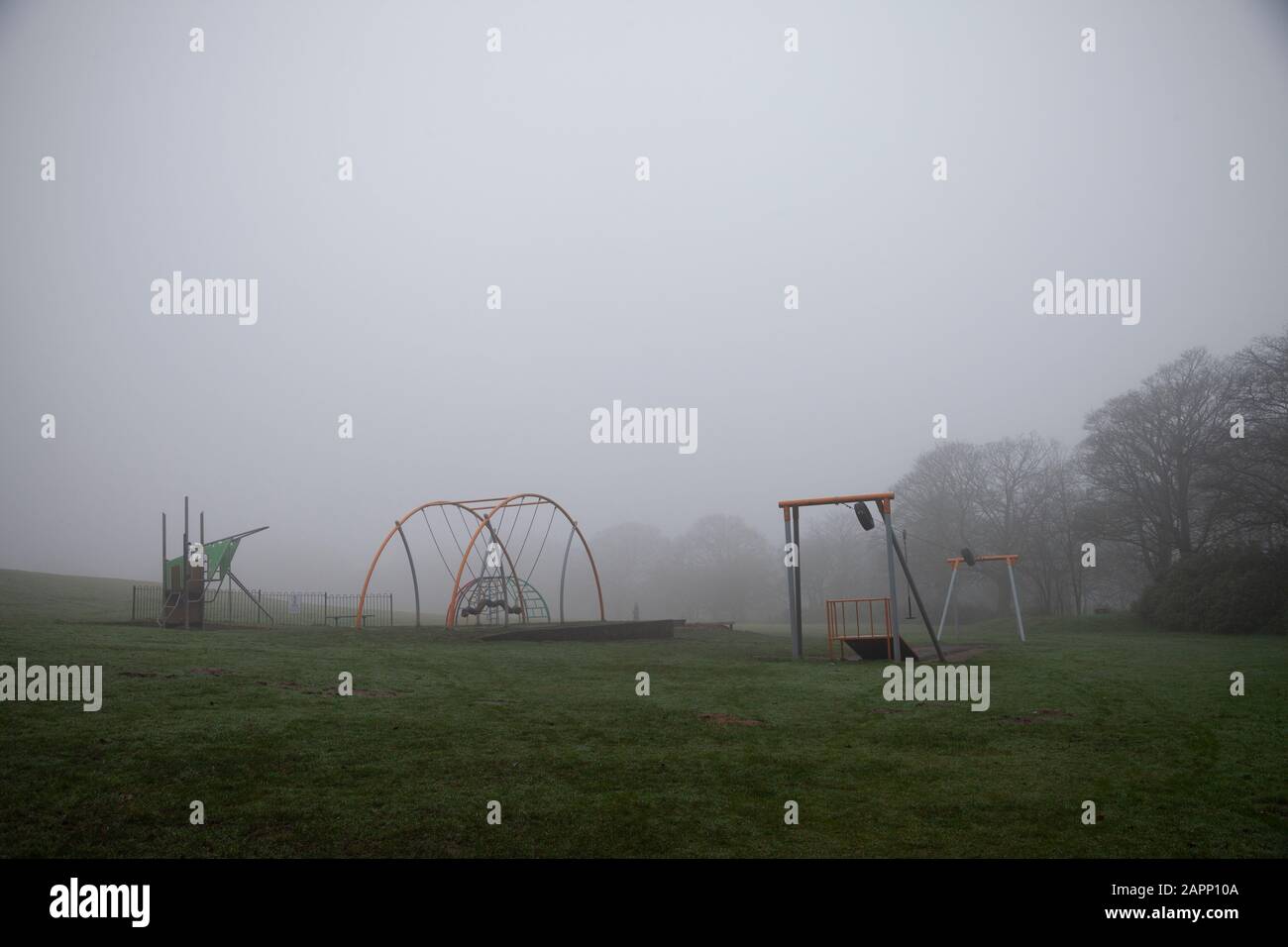 Das nebelige Winterwetter bedeckt Bäume, Menschen, einen Spielplatz und verschiedene Vogelnester. Stockfoto