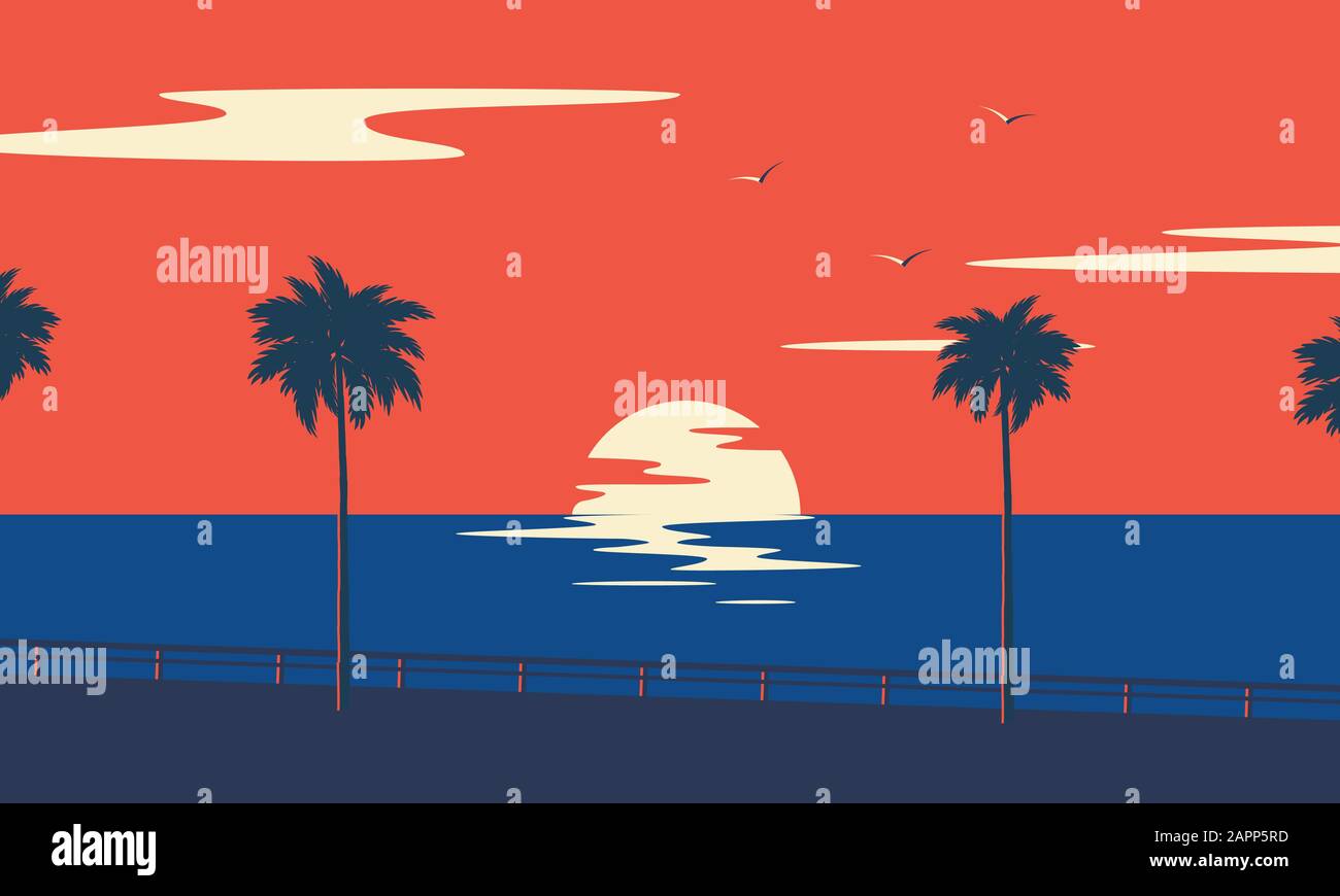 Sonnenuntergang Sommer tropischer Strand mit Palmen und Meer. Naturlandschaft und Seescape. Stock Vektor