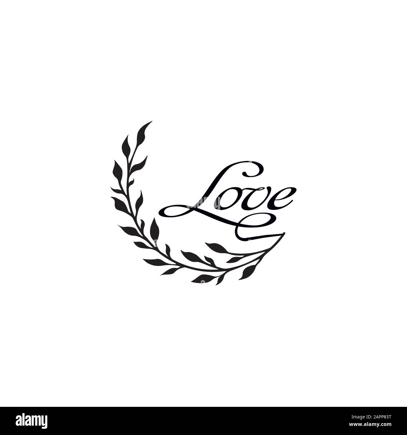 Zweig mit Blättern und der Aufschrift Liebe - Tattoo-Skizze Stock Vektor
