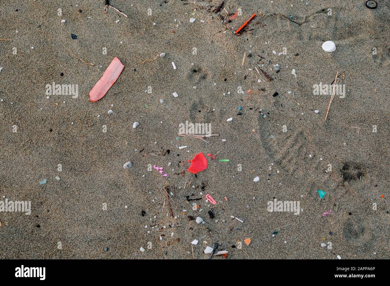 Mikroplastikmüll an sandiger Meeresküste, Planet SAVE Concept, cilento italien Stockfoto