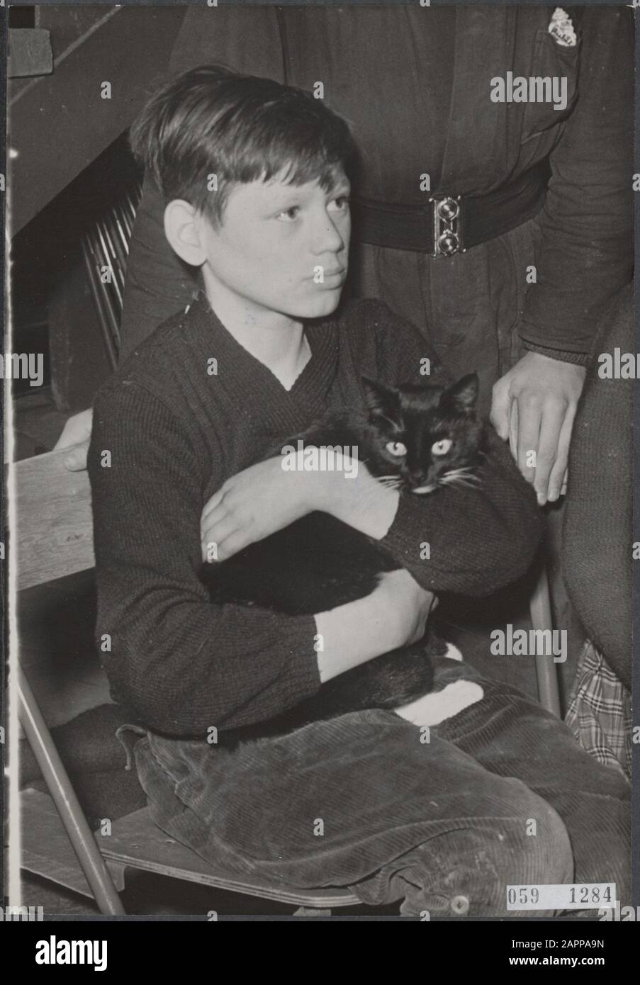 Aufnahme von Flüchtlingen Watersnood in Ahoy in Rotterdam. Junge mit Katzen-Datum: 5. Februar 1953 Ort: Rotterdam, Zuid-Holland Schlüsselwörter: Tiere, Evakuierte, Hallen, Kinder, Überschwemmungen, Überschwemmungen Stockfoto