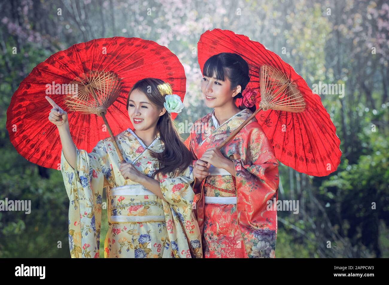 Asiatische Frauen tragen traditionellen japanischen Kimono Stockfoto