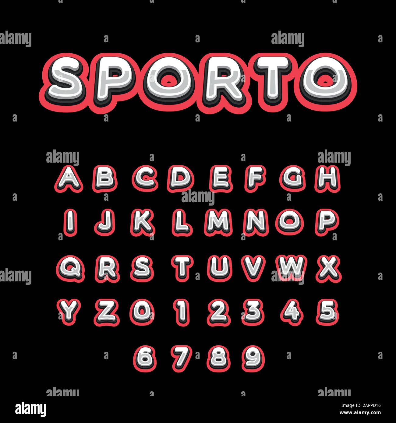 Sport Kids Lustige Schrift. Schriftdesign des Sportteams, Alphabet, Zeichensatz, Schriftart, Typografie, Buchstaben und Zahlen. Vektorgrafiken Stock Vektor