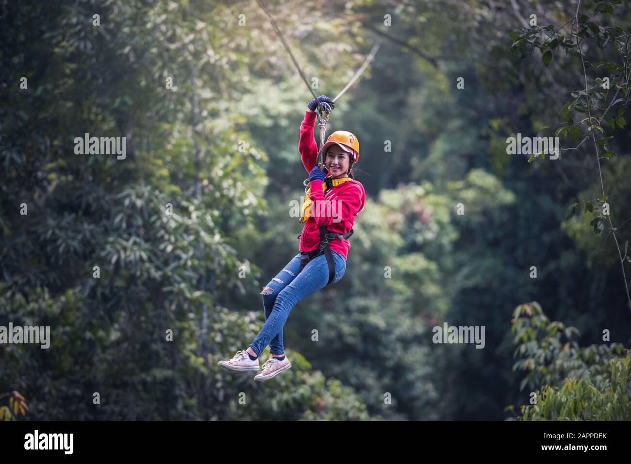 Frau Tourist Wearing Casual Clothing On Zip Line Oder Canopy Experience In Laos Rainforest, Asien Stockfoto