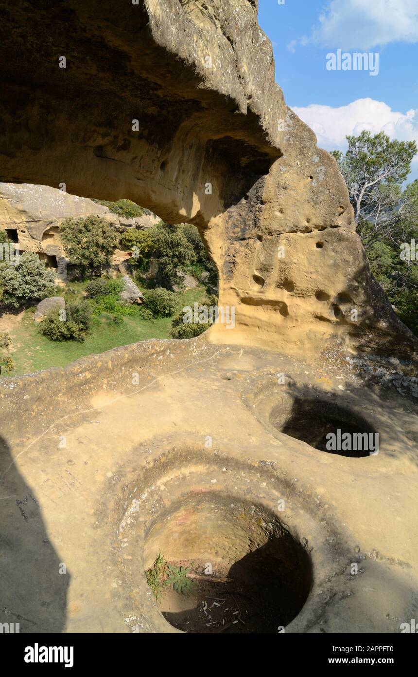 Rock-Cut-Vorratsgefäße oder -Silos im Verlassenen Troglodyten Dorf der Grottes de Calès an den Lamanon Alpilles Provence Frankreich Stockfoto