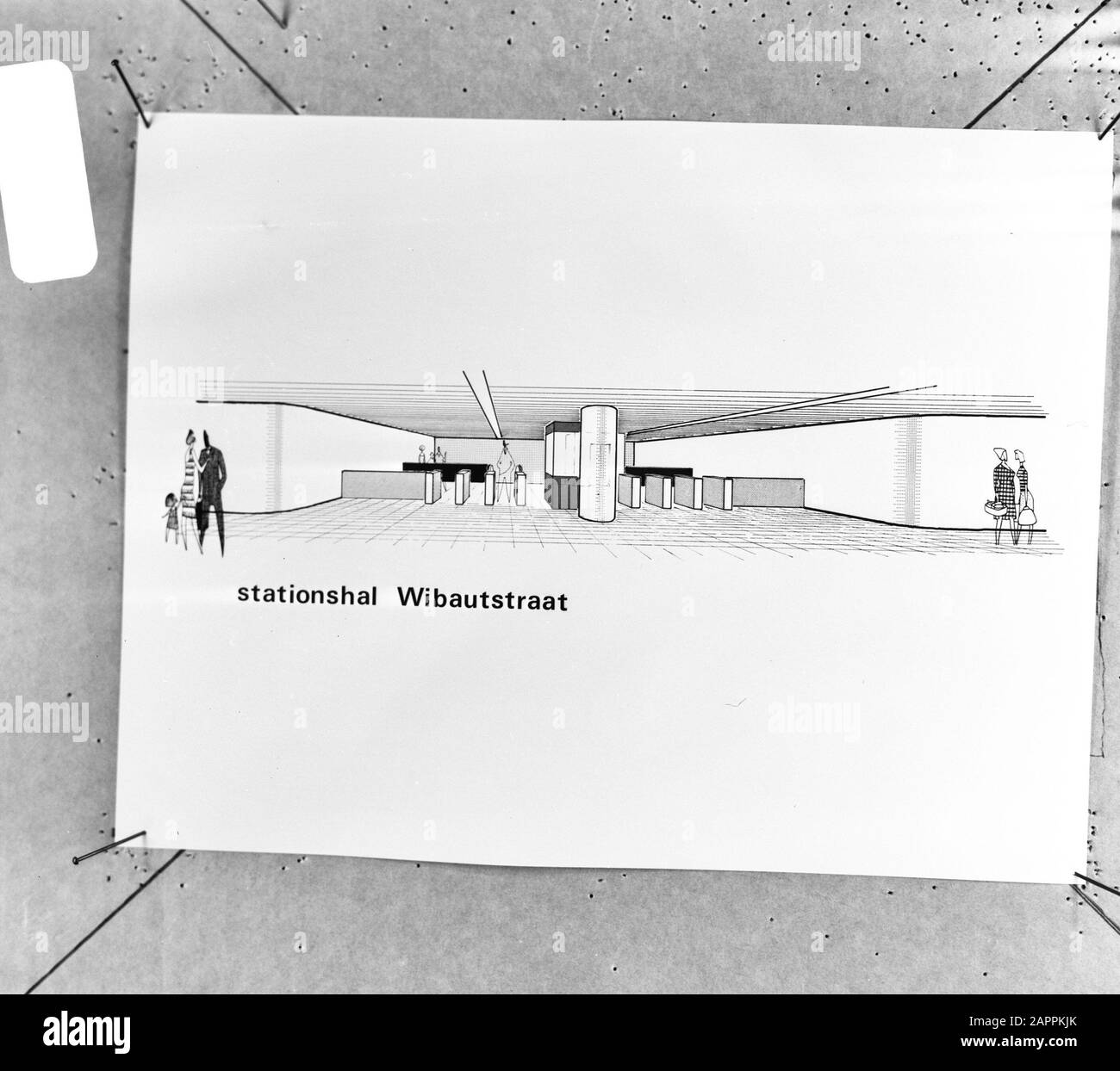 Presse-Ausflug durch die Stadt Amsterdam über die U-Bahn, Amsterdam Zeichnung der Metro-Station Halle in Wibautstraat Datum: 20. August 1970 Lage: Amsterdam, Noord-Holland Schlüsselwörter: Bau, U-Bahn, Verkehr Stockfoto