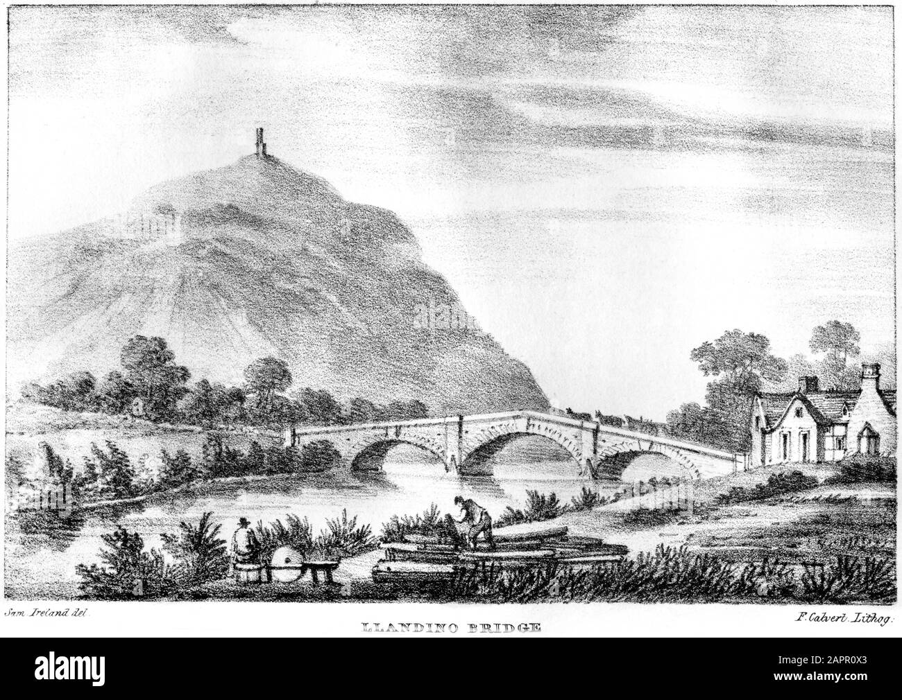 Ein in hoher Auflösung gescannter Lithograph der Llandino Bridge (Llandrinio) aus einem Buch, das im Jahre 1824 gedruckt wurde. Ich glaube, dass das Urheberrecht frei ist. Stockfoto