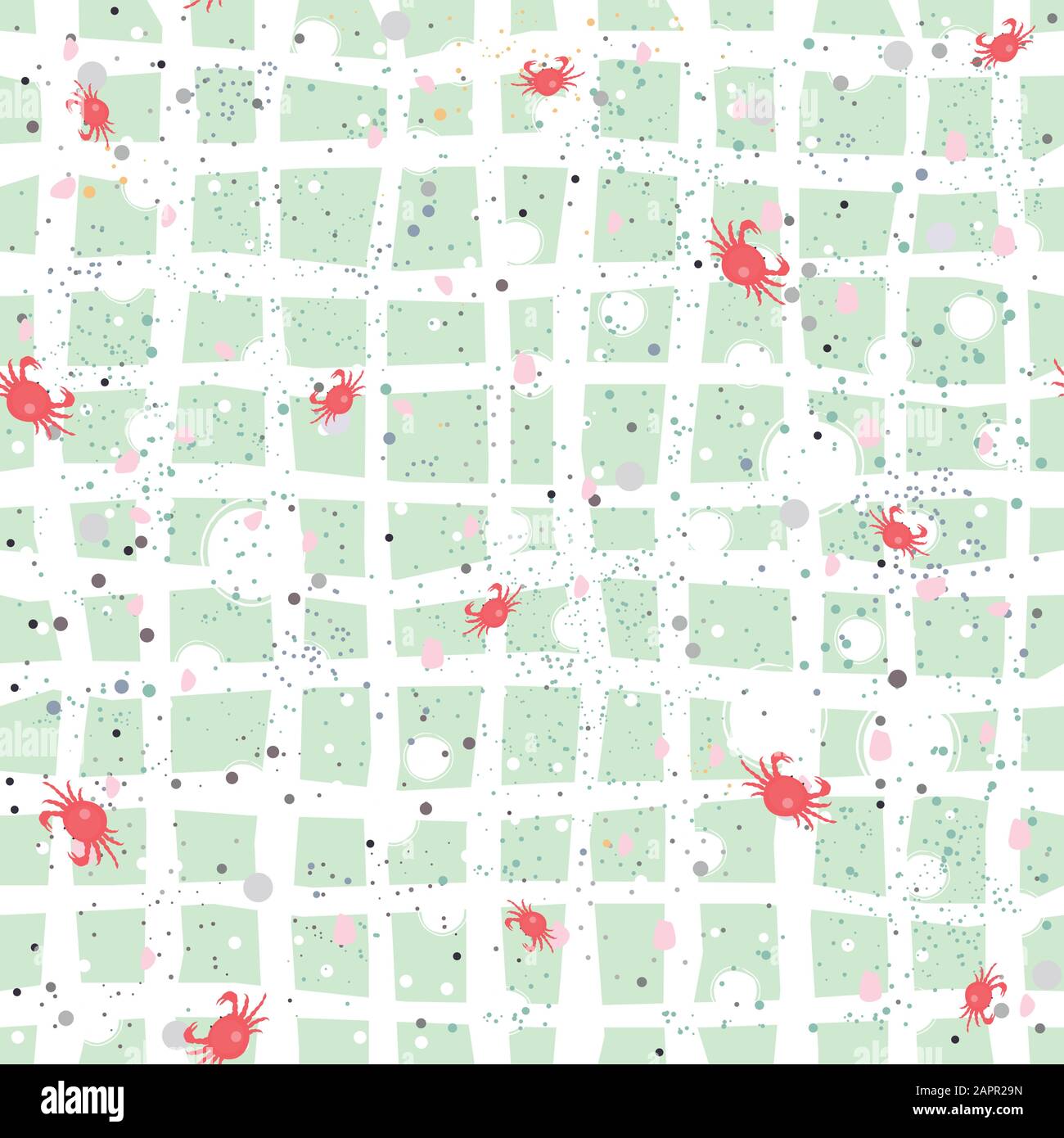 Nahtlose Muster mit Rote Krabben auf Sand. Für Hintergründe, Tapeten, Stoff, Drucke, Textilien, Uhren, etc. Vector Illustration Stock Vektor