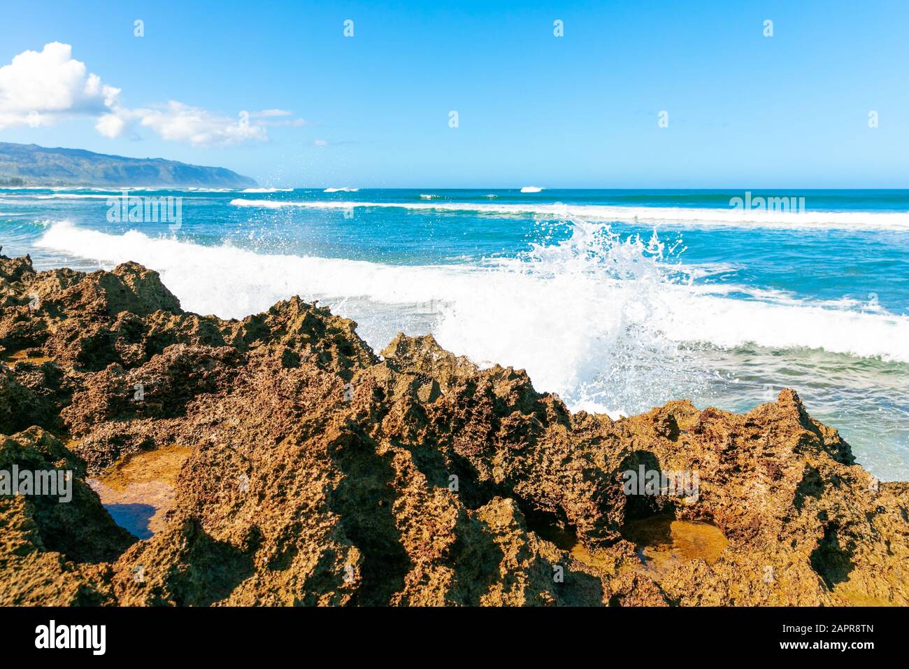 Wellenschaber gegen felsiges Ufer auf Hawaii Stockfoto