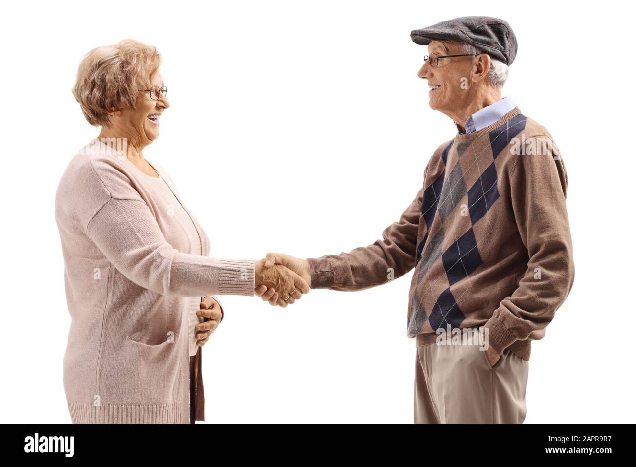 Älterer Mann und Frau die Hände schütteln isoliert auf weißem Hintergrund Stockfoto