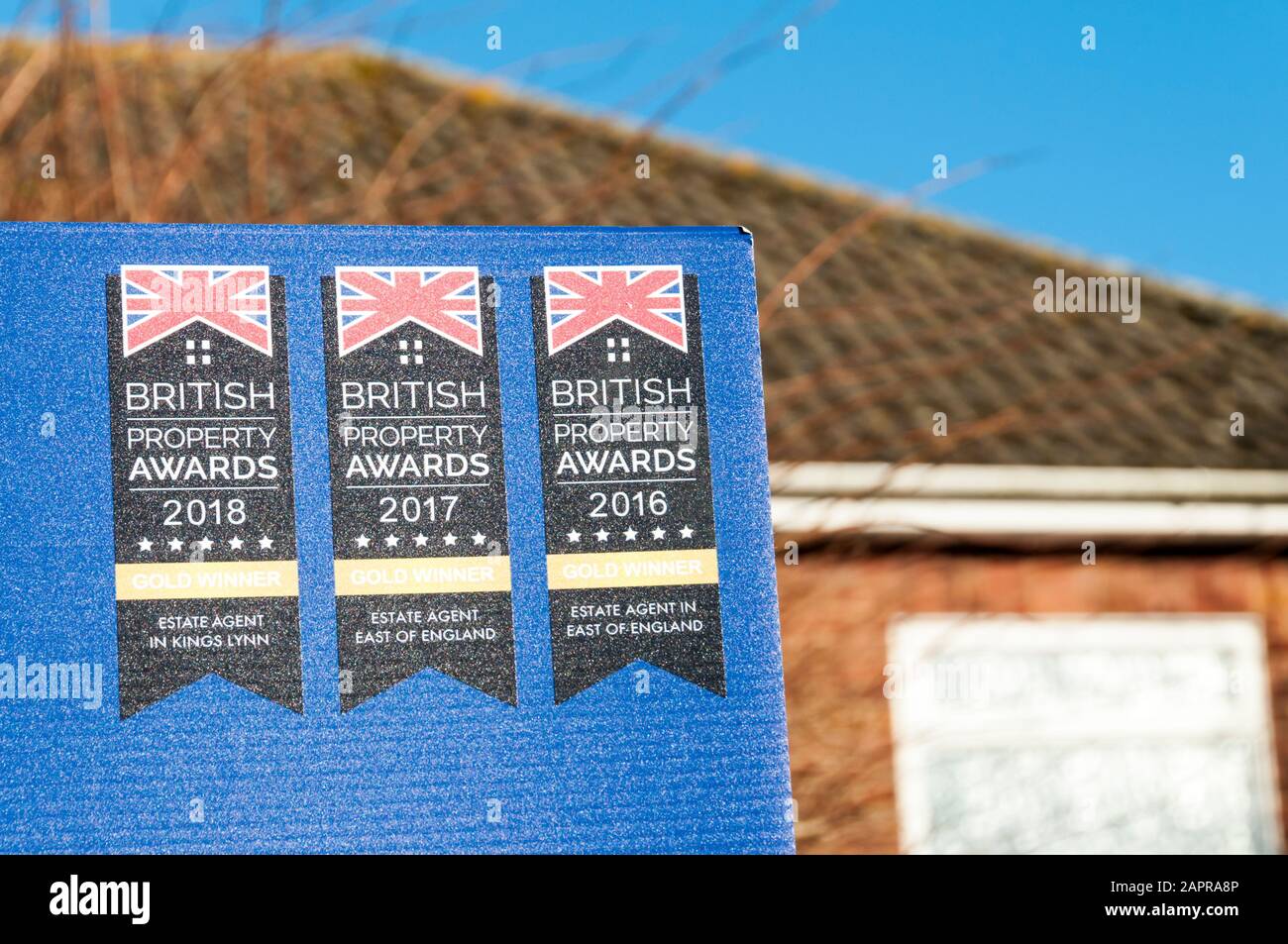 British Property Awards auf einem Schild eines Immobilienmakers. Stockfoto