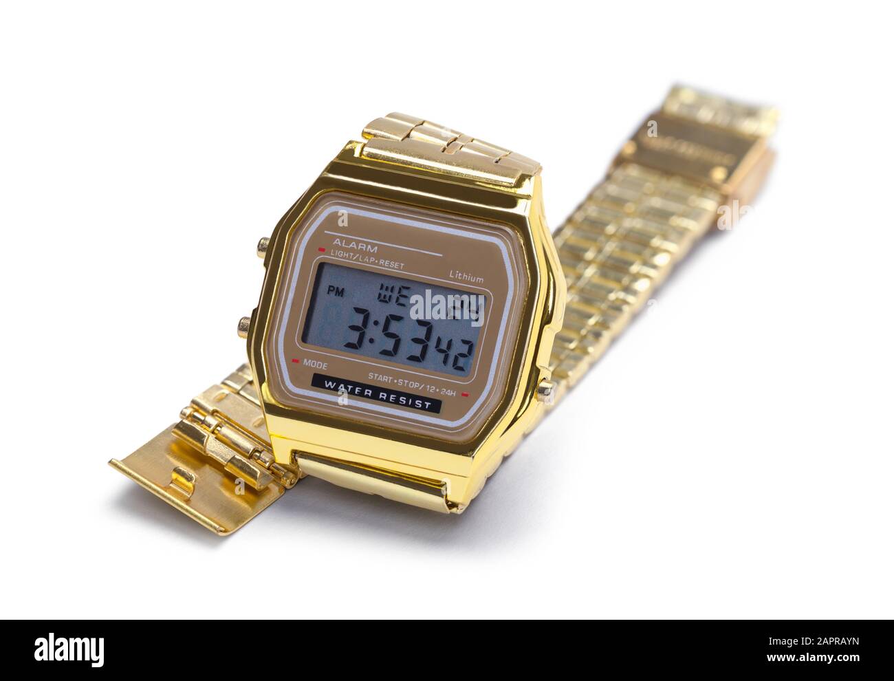 Digitale Armbanduhr aus Metall Isoliert auf weißem Hintergrund. Stockfoto