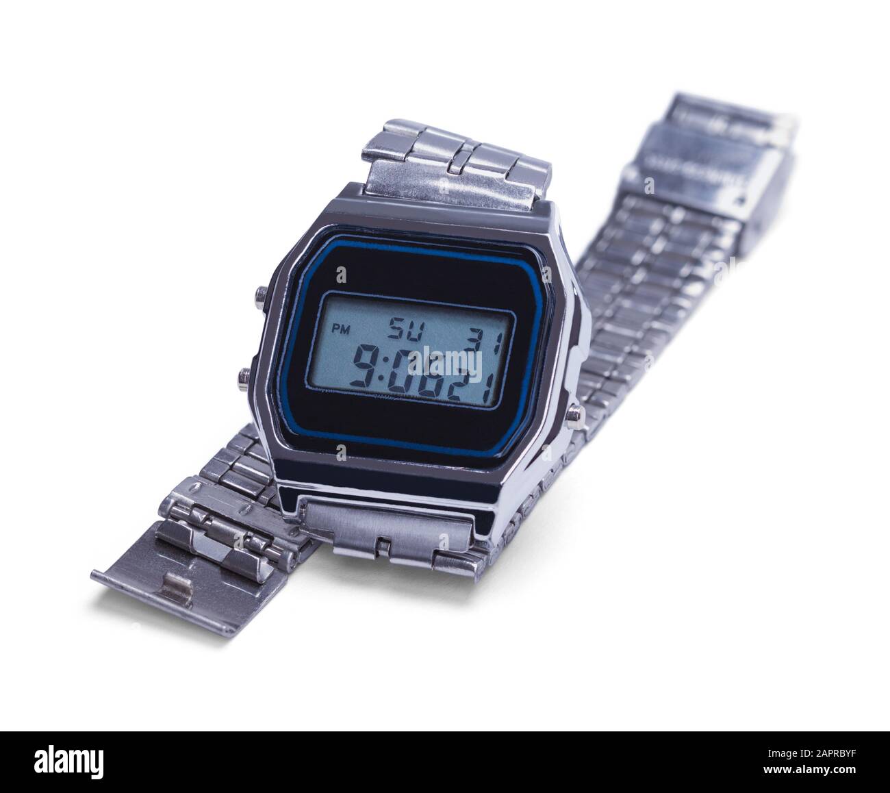 Digital Silver Armbanduhr Isoliert auf weißem Hintergrund. Stockfoto