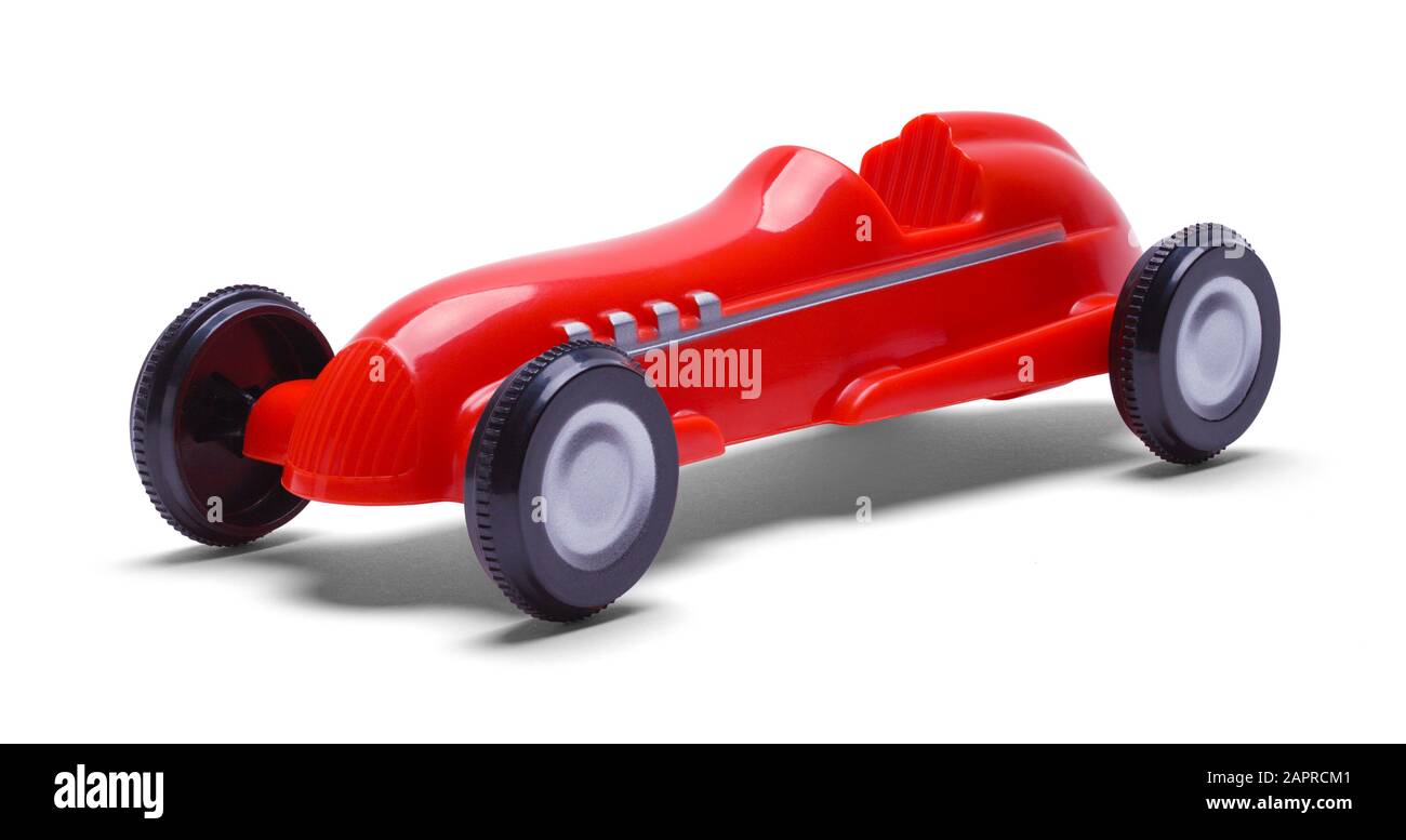 Red Toy Race Car Isoliert auf weißem Hintergrund. Stockfoto