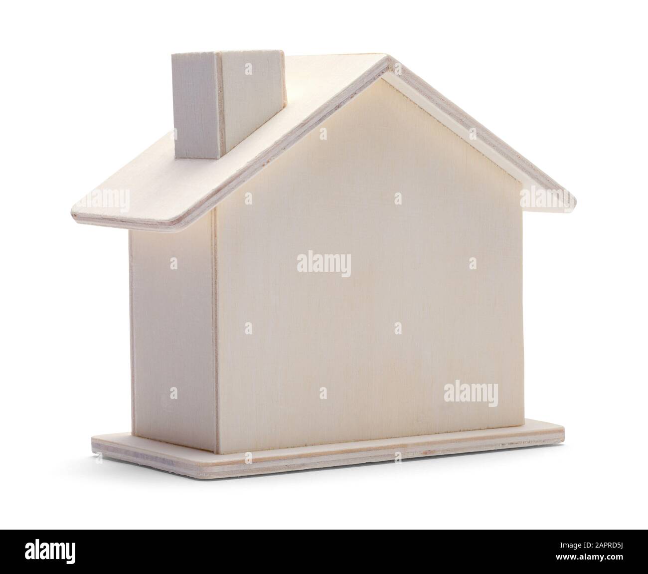 Wood Model House Angle View Isoliert auf weißem Hintergrund. Stockfoto