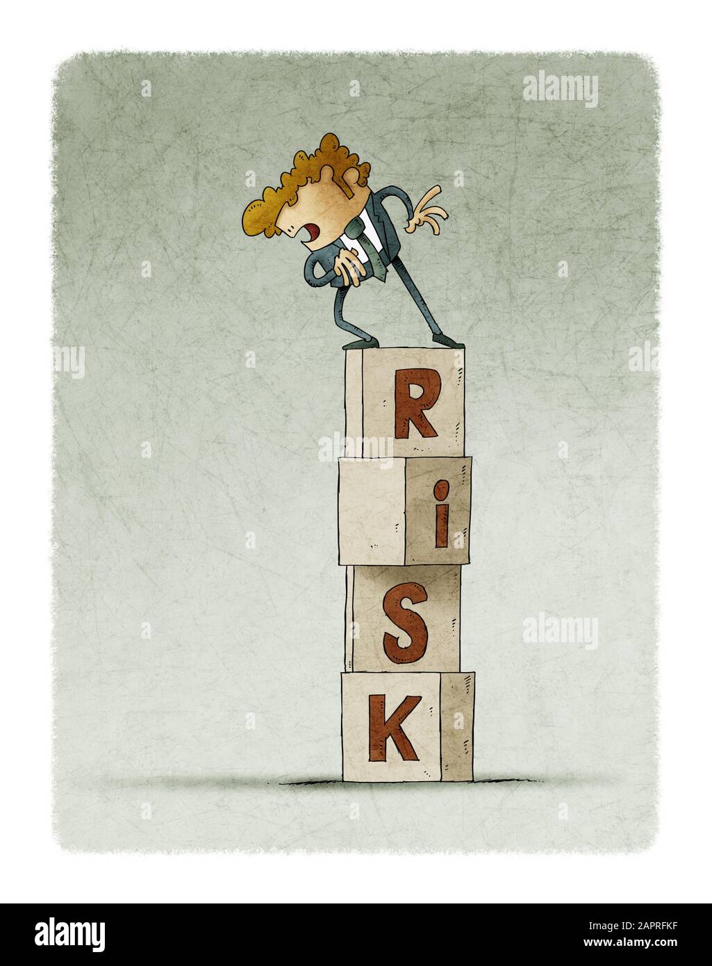 Würfelturm mit dem Wort Risiko, in dem ein vorsichtiger Mann hinunterblickt. Stockfoto
