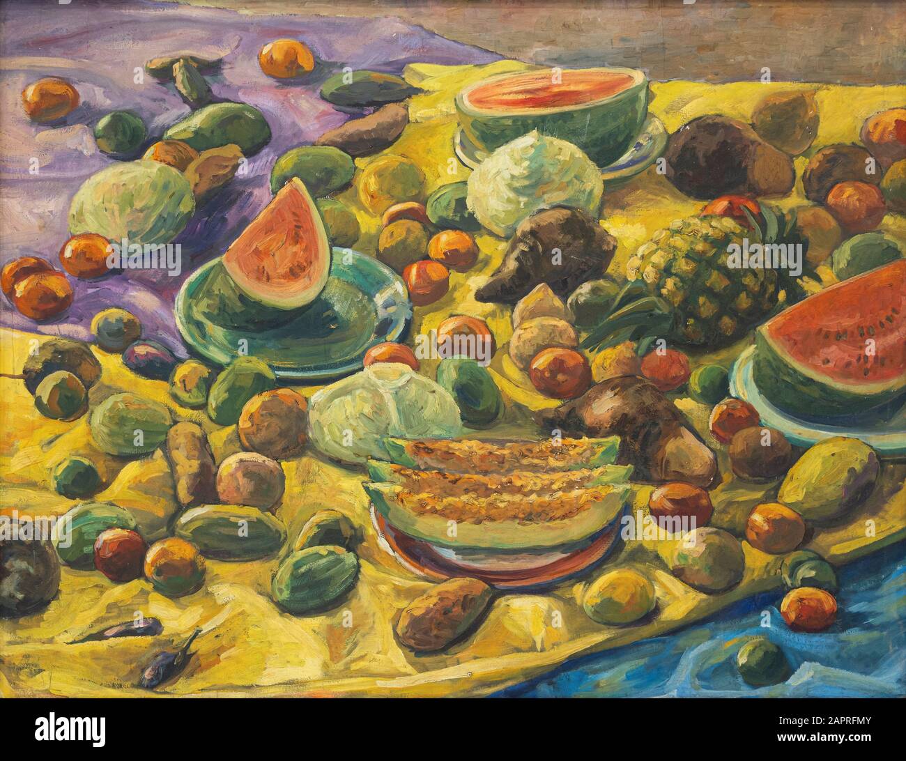 Ölfarbenlackierung von Obst und Gemüse auf buntem Stoff auf Leinwand. Stockfoto
