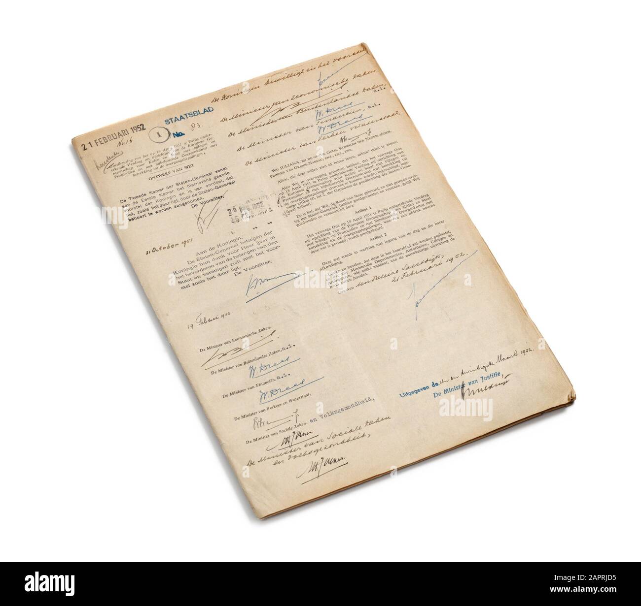 Nederlandse Wet tot goedkeuring van het oprichtingsverdrag van de Europese gemeenschap van kolen en staal, Kabinett der Koningin - Periode 1946-1985, Inventarnummer 10123 Stockfoto