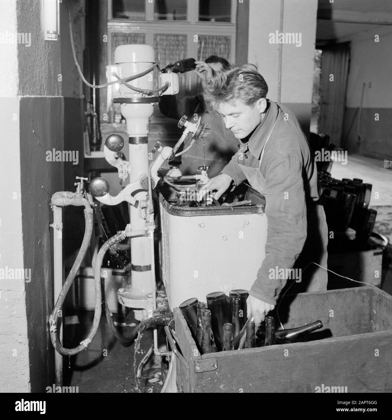 Mosel: Weinflaschen spülen im Weingeschäft Richard Schscheid Datum: 1959 Standort: Deutschland, Kröv, Rheinland-Pfalz, Westdeutschland Stichwörter: Flaschen, Landarbeiter, Reinigungsgeräte, Weinanbau, Weinkeller Stockfoto