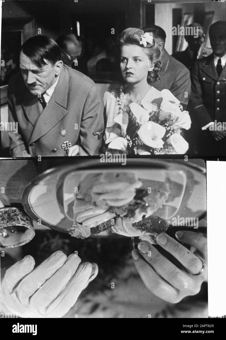 Szenen aus dem russischen Film Padeniye Berlina (Der Fall von Berlin, Val von Berlin) [veröffentlicht von Actueelfilm], Adolf Hitler (V. Savelyev) und Eva Braun Anmerkung: Repronegativdatum: 20. November 1950 Ort: Russland, UdSSR Stichwörter: Film Personenname: Braun, Eva, Hitler, Adolf, Saveljew, V. Stockfoto