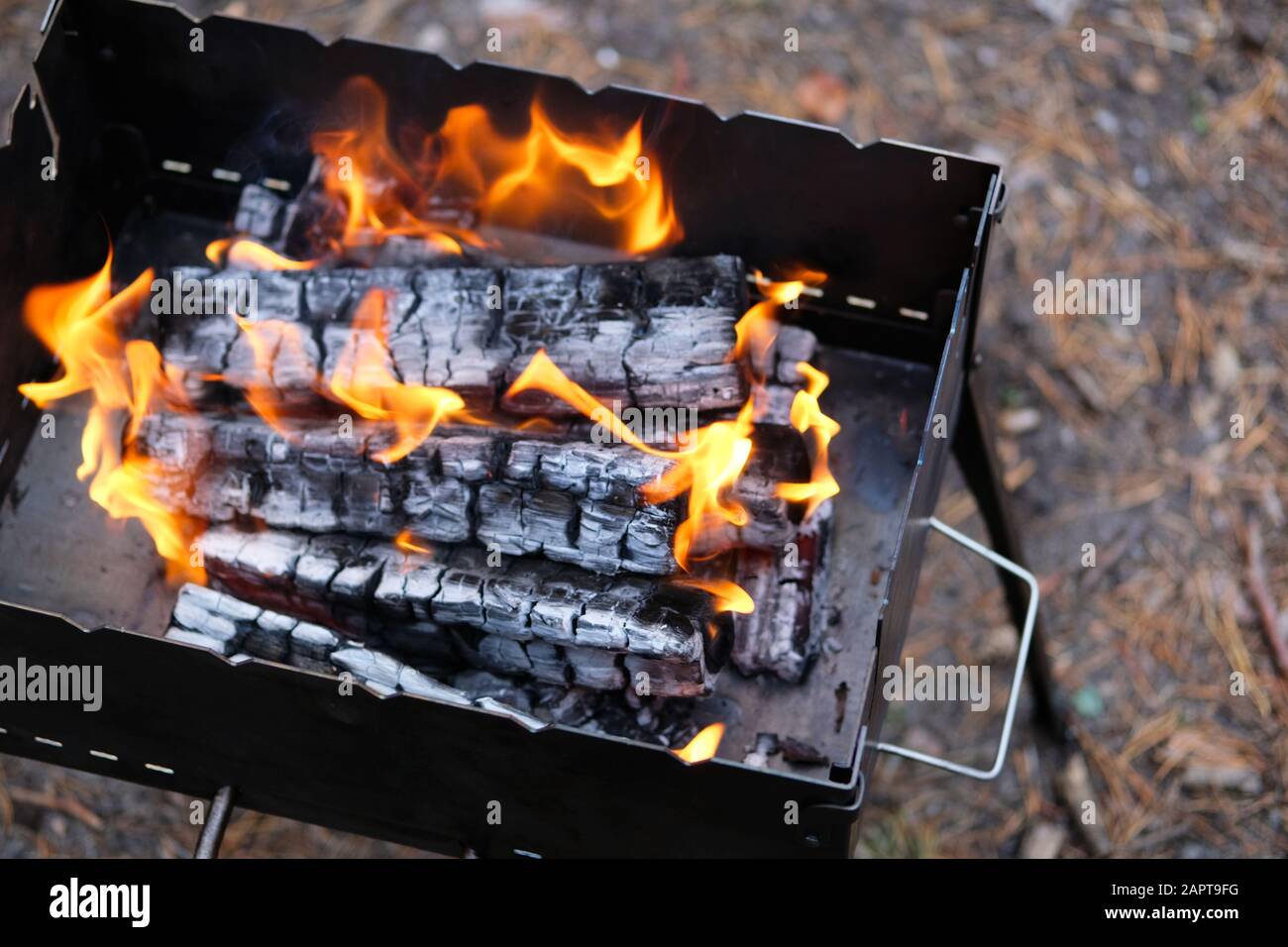 Flamme aus brennenden Holzstämmen im Kamin. Holzfeuer für Grill vorbereitet. Grill mit brennendem Brennholz. Stockfoto