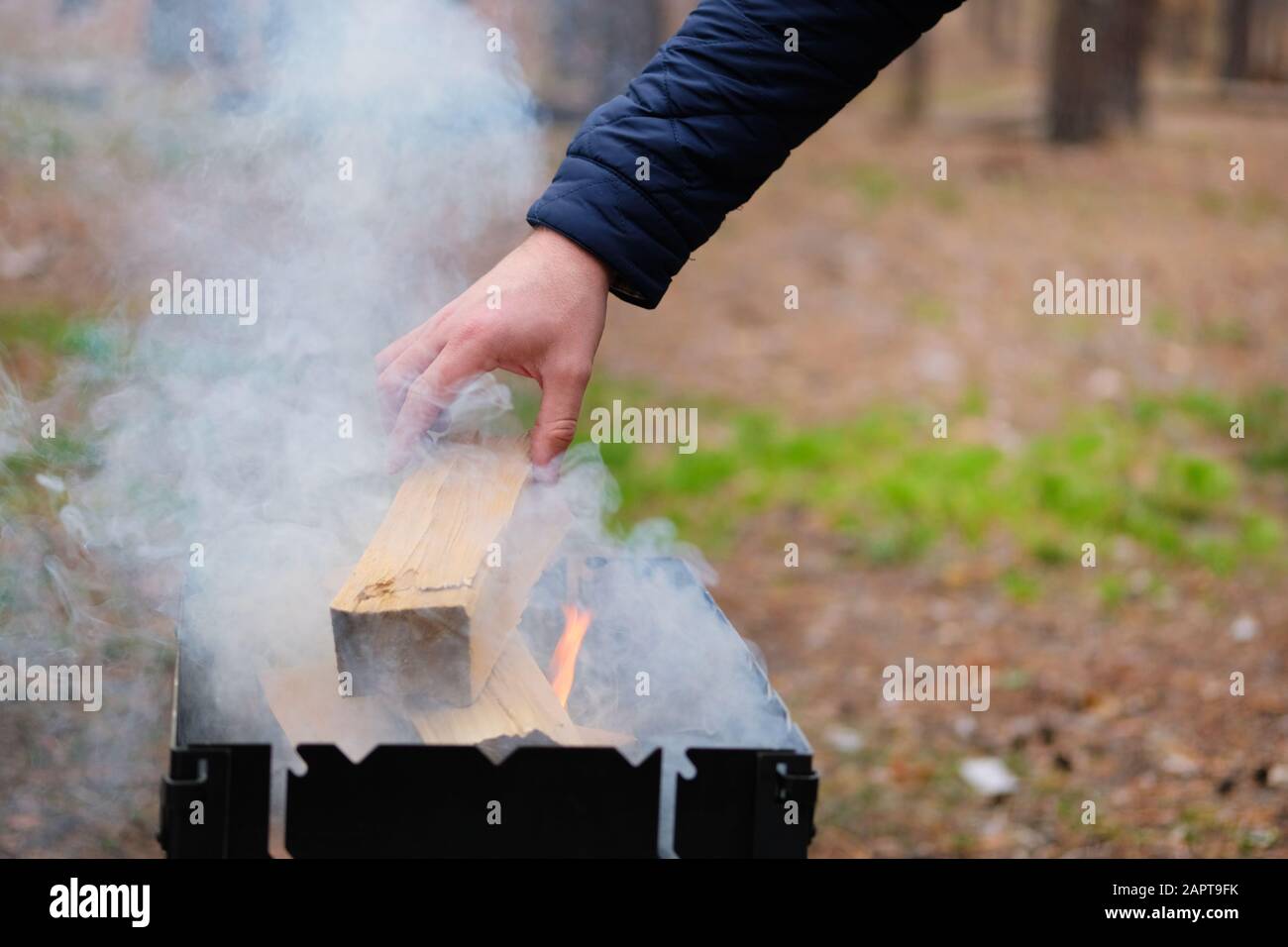 Grillen Sie mit Kraftstoff und Holzkohle. Die Hand des Menschen fügt Holz in das Feuer ein. Grill im Wald. Stockfoto
