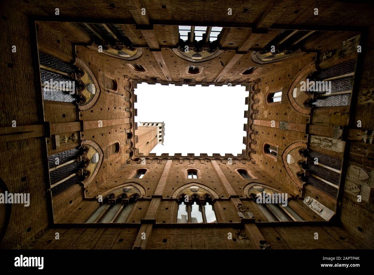 Siena, Italien, 27. Oktober 2008: Der Turm von Mangia überragte die Terrasse des Palazzo Pubblico auf der Piazza del Campo in Siena. Stockfoto