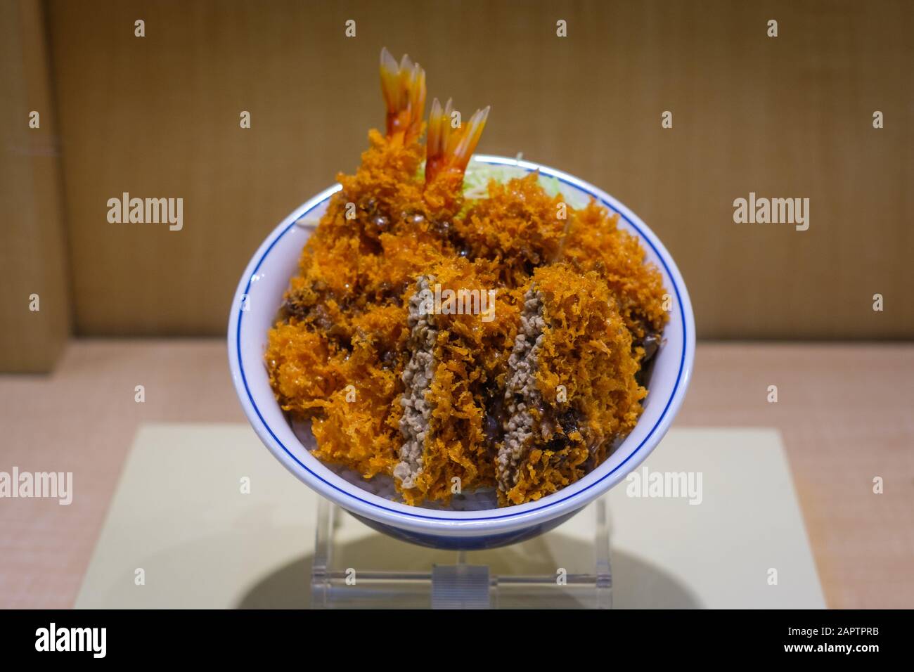 Gefälschte, Plastikkost im asiatischen Restaurantfenster, gebratenes Schweinefleisch Stockfoto