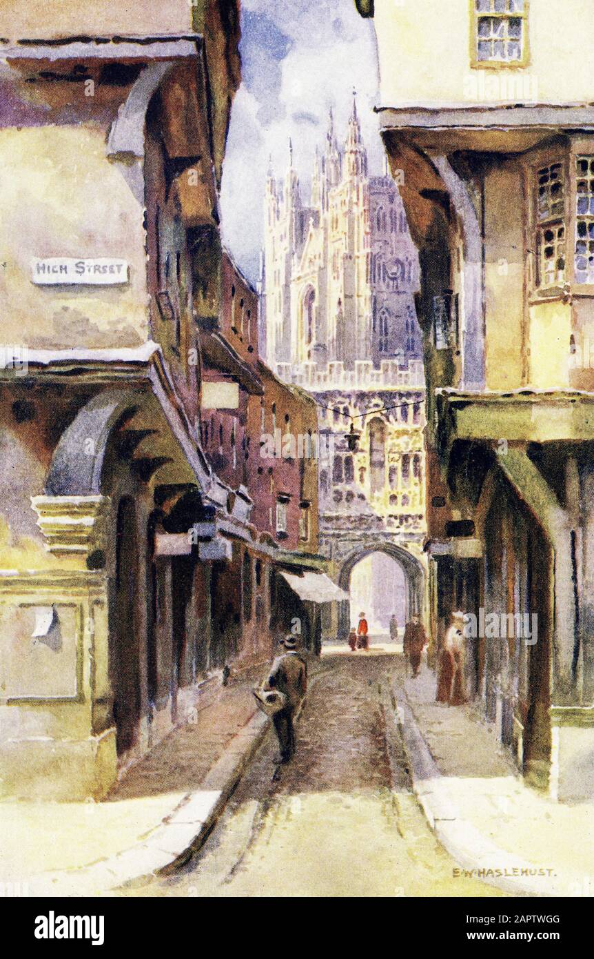 Mercery Lane, Canterbury, Kent. Halbtondruck aus einem Aquarell von Ernest Haslehust 1920 Stockfoto