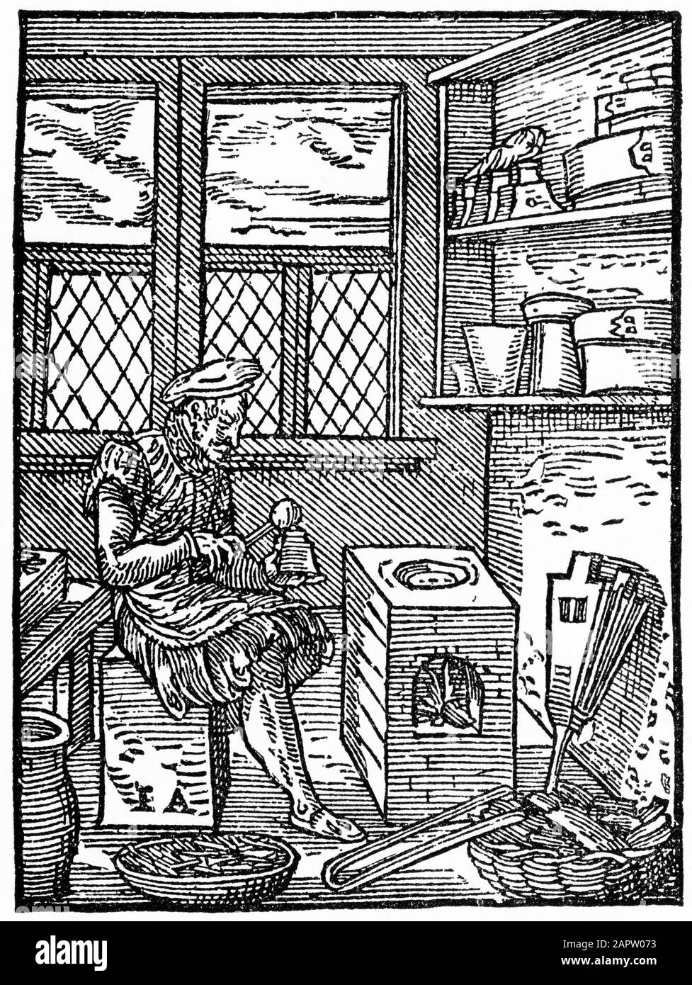 Gravur eines Druckertyps Gusing, eine Technik zum Gießen der einzelnen Buchstaben, die als Sortierungen bezeichnet werden, die beim Heißmetall-Satzbau verwendet werden, indem geschmolzenes Metall in Messingformen, genannt Matrizen, gegossen wird. Dies ist eine Abbildung von 1568 eines deutschen Stifters, der geschmolzenes Metall in eine Handform gießt. Stockfoto