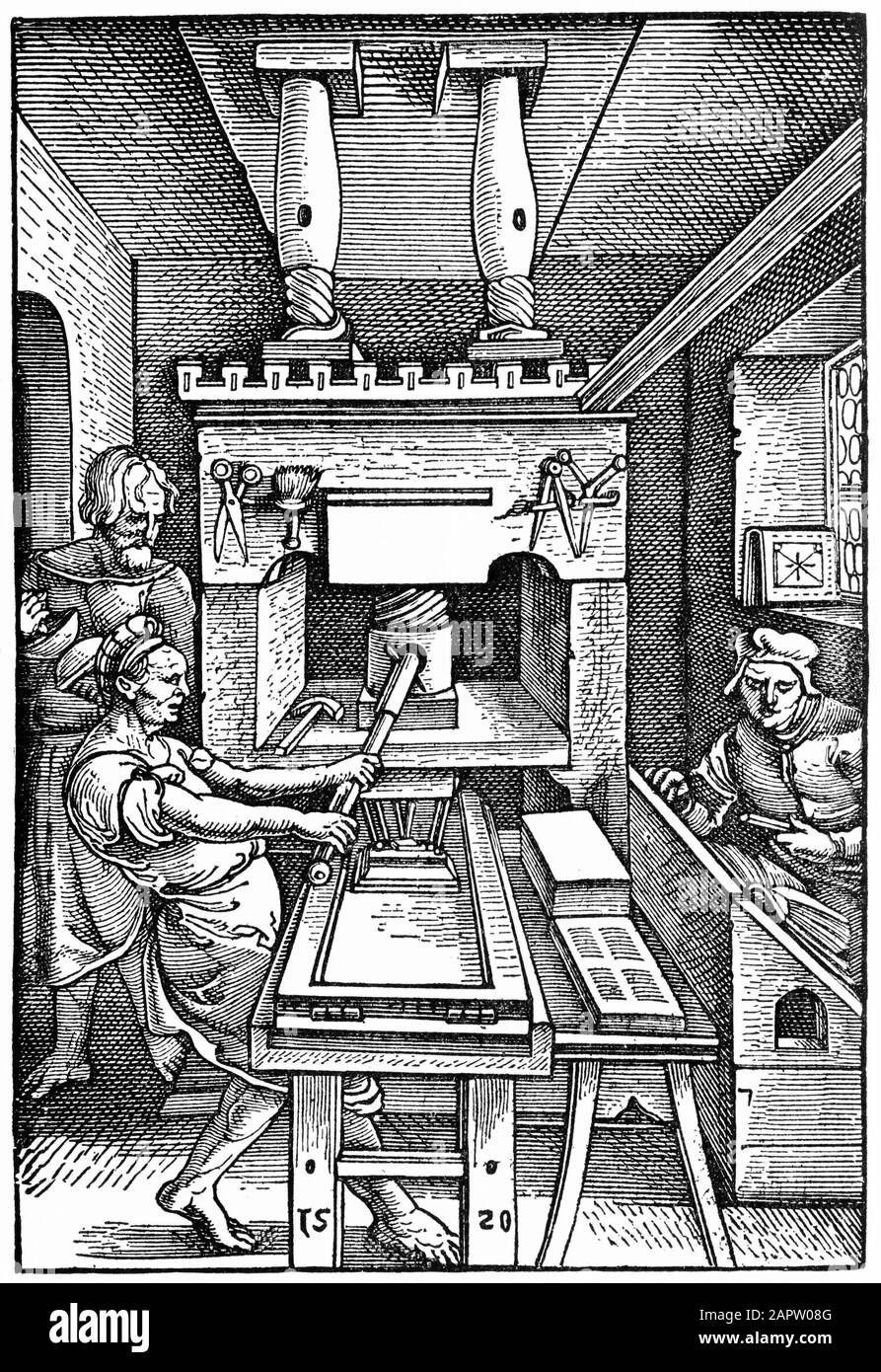 Gravur von Druckern bei der Arbeit im Jahr 1520. Stockfoto
