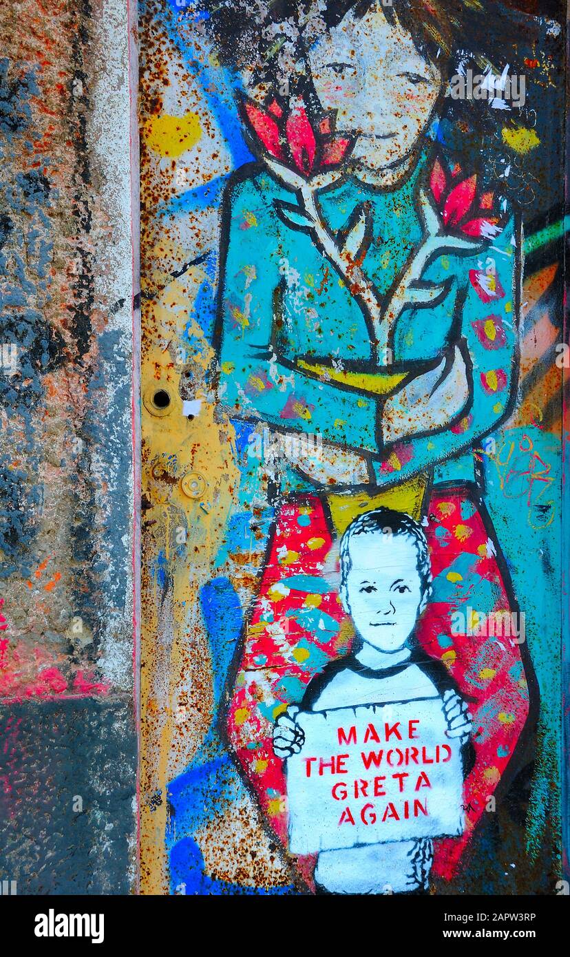 Graffiti Wandkunst mit dem Titel ' Make the World Greta Again' Stockfoto