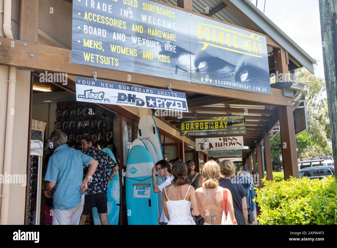 Byron Bay Australien, Surfshop, Verkauf und Einstellung von Surfboards, Australien Stockfoto