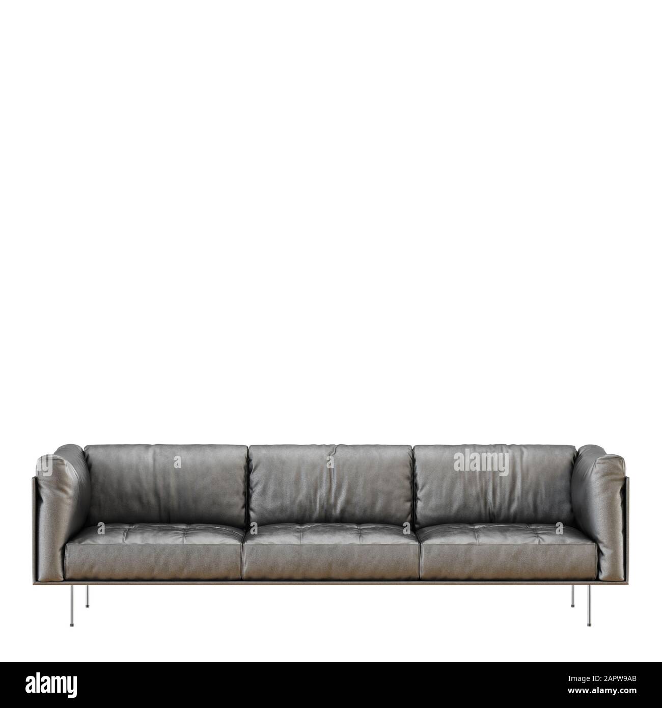 Weiches schwarzes Ledersofa mit Falten auf weißem Hintergrund, Vorderansicht, 3D-Darstellung Stockfoto