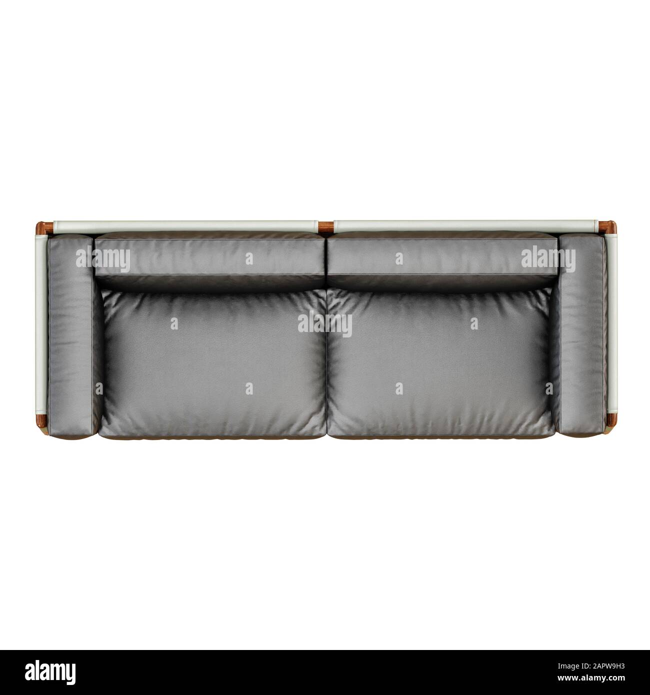 Weiches schwarzes Ledersofa mit Falten auf weißem Hintergrund 3D-Rendering in der Draufsicht Stockfoto