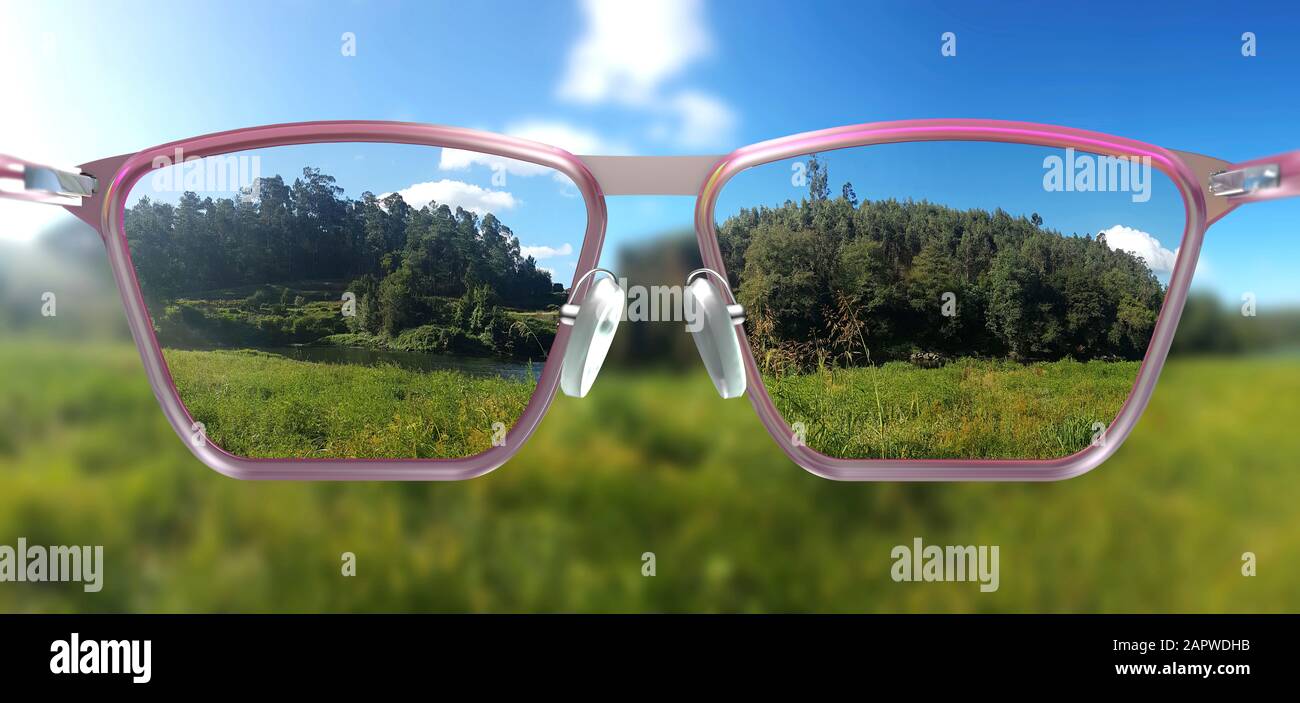 Scharfe Sicht durch korrigierende Brille, Abbildung Stockfoto