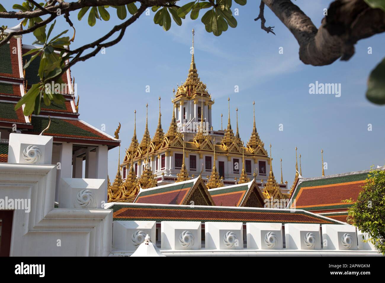 Wat Ratchanatdaram Tempel von einem Baum Ast mit blauem Himmel eingerahmt Stockfoto