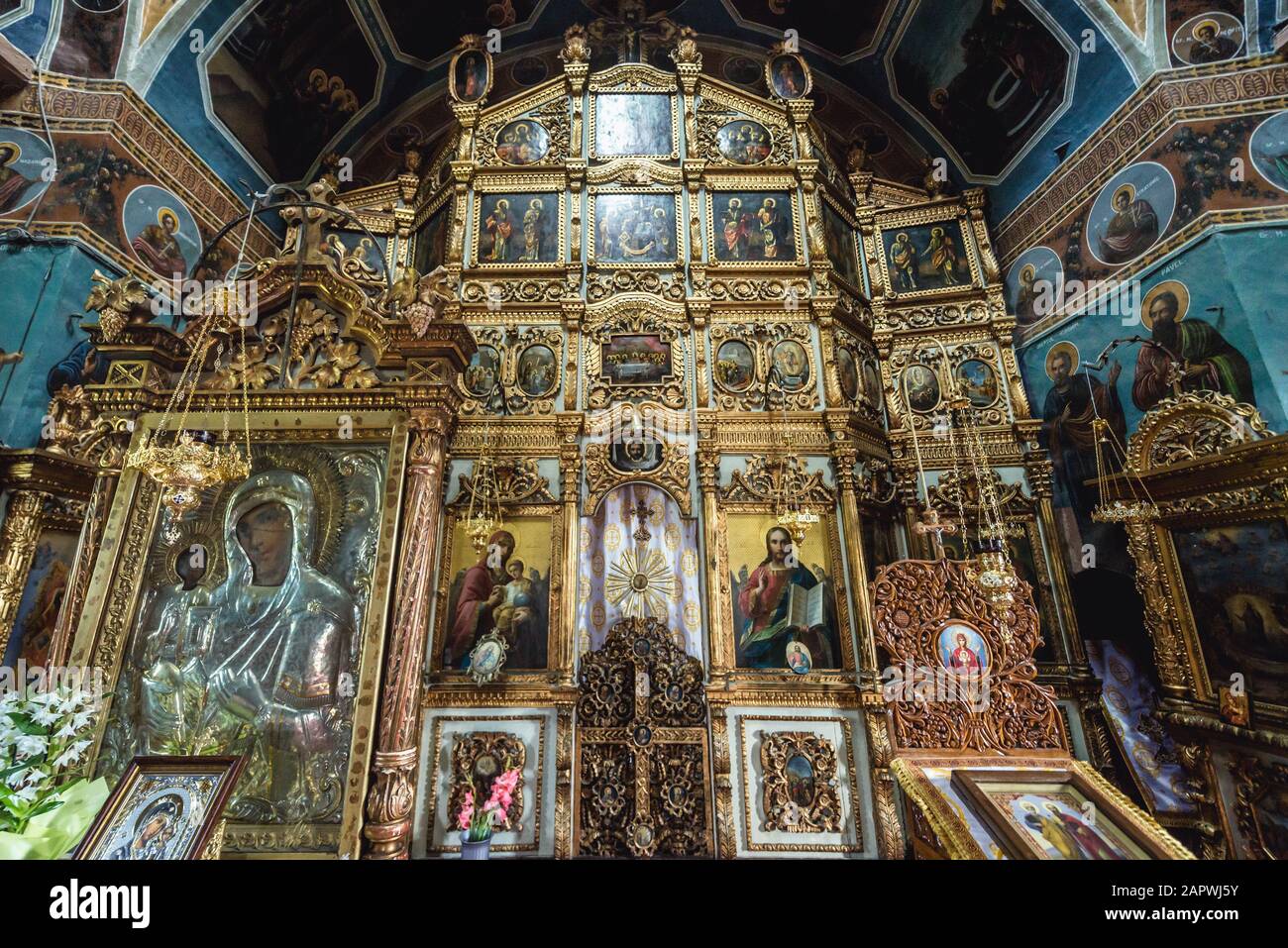 Ikonostase in der Kirche des Klosters Ciolanu der ostorthodoxen Mönch, zwischen Tisau und Magura Gemeinden im Kreis Buzau, Rumänien Stockfoto