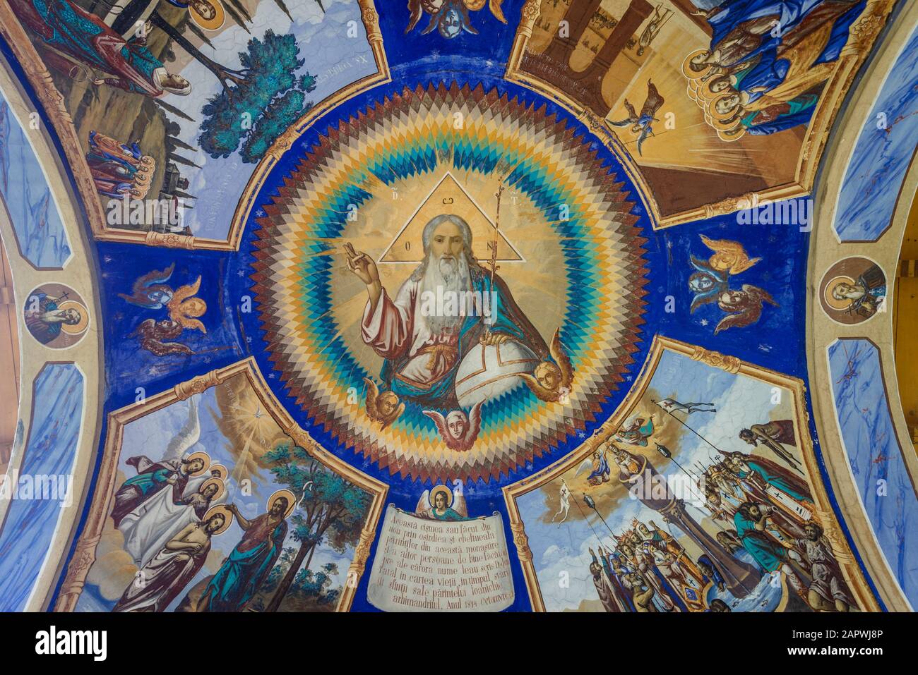 Gemälde im Pavillon des heiligen Wassers im Kloster Ciolanu der ostorthodoxen Mönch, zwischen Tisau und Magura in Rumänien Stockfoto