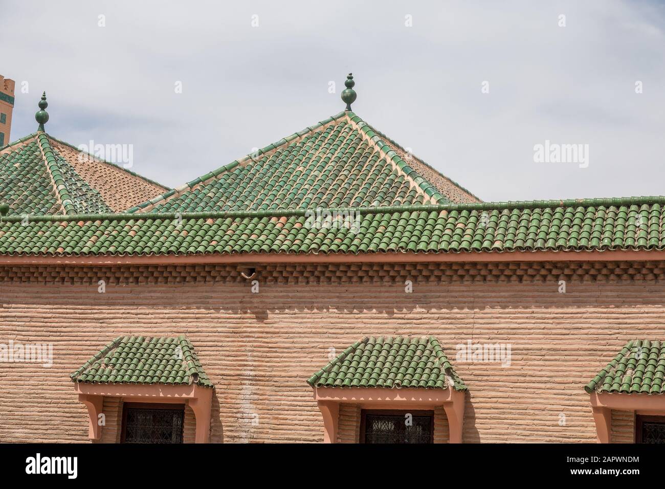 Nahaufnahme des oberen Teils der Son of Joseph Schule in Marrakesch, Marokko Stockfoto