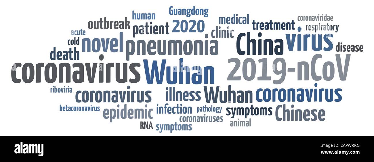 Wuhan Coronavirus Konzept in Word Tag Cloud auf weißem Hintergrund. Word Tag Cloud über Roman Coronavirus 2019-nCoV Stockfoto