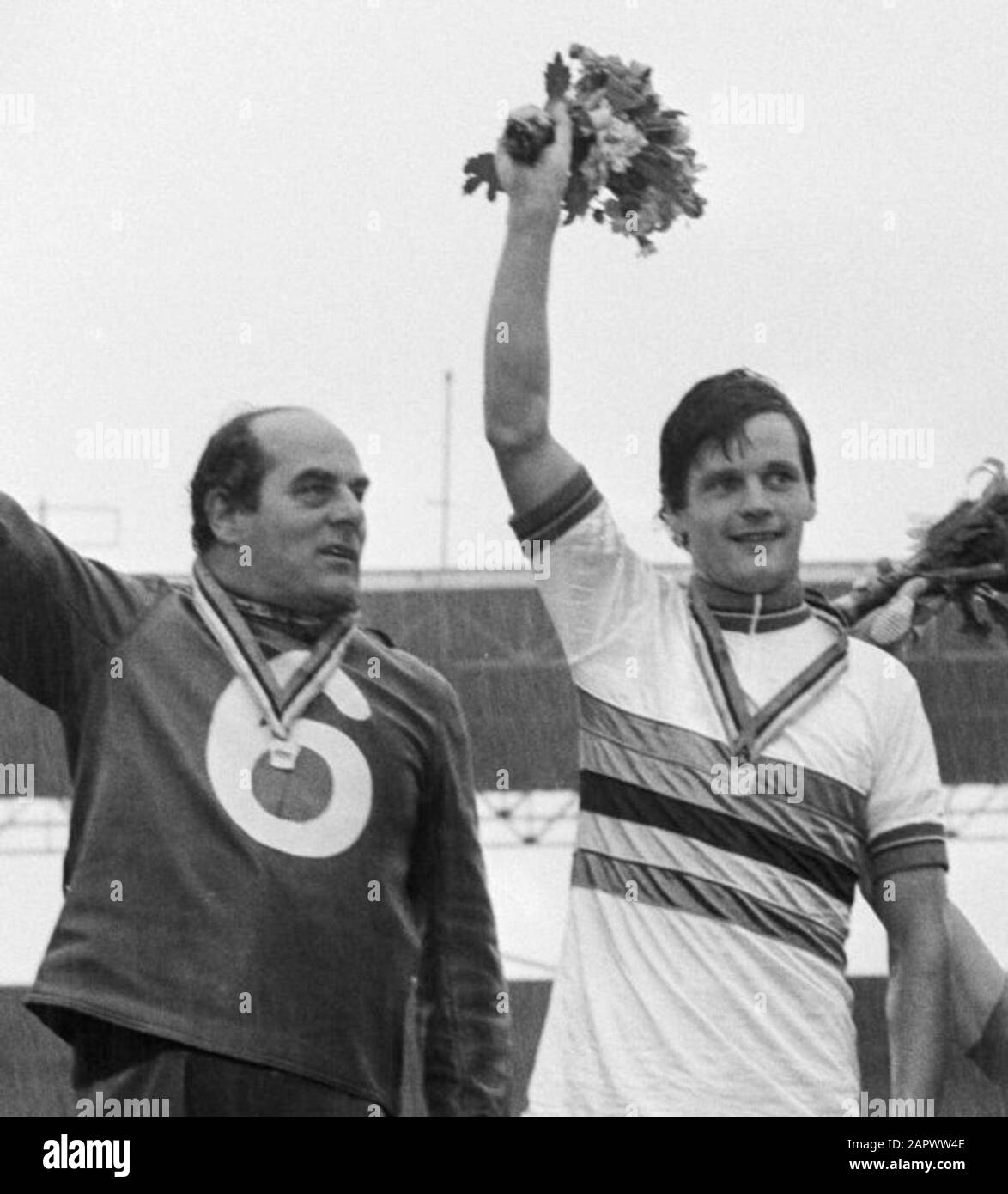 Nederlands: Martin Venix und sein Pacer Noppie Koch (links) bei der Weltmeisterschaft 1979; Stockfoto