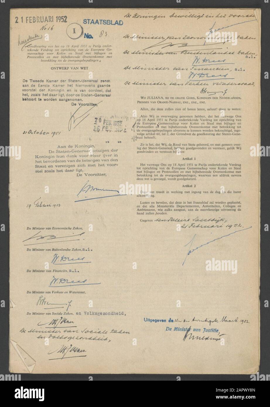 Niederländisches Gesetz zur Genehmigung des Gründungsvertrages der Europäischen Gemeinschaft für Kohle und Stahl; Stockfoto