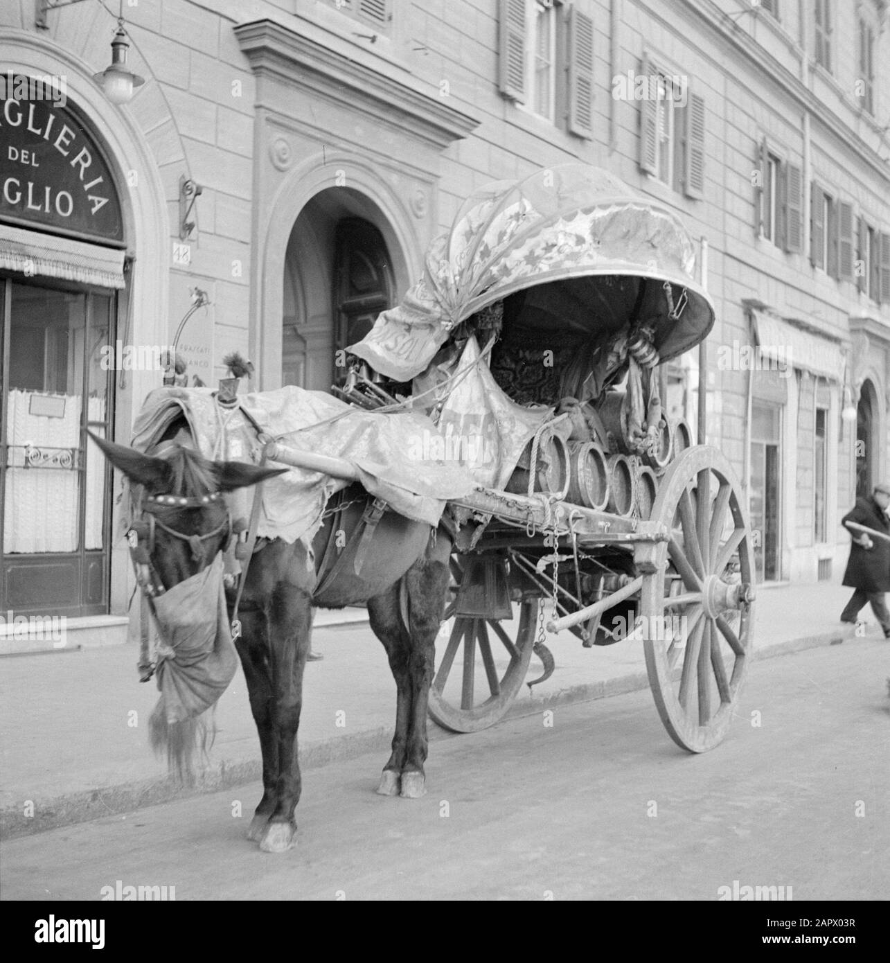 ROM: Besuch des städtischen Pferdes für einen Wagen mit beweglicher Kapuze, beladen mit Holzweinfässern Datum: Dezember 1937 Ort: Italien, Rom Schlagwörter: Pferd und Wagen, Pferde, Kutschen usw. Straßenbilder, Wein, Weinkeller Stockfoto