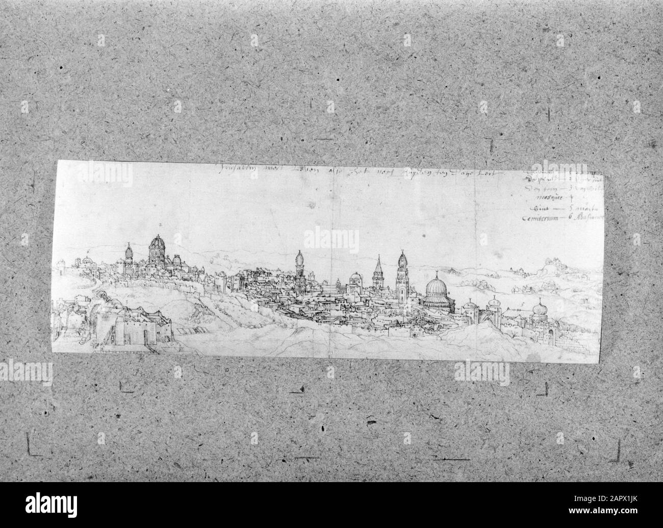 Jerusalem in der Kunst Zeichenstift-Zeichnung, die die Stadt Jerusalem darstellt Datum: 1953-00-00 Ort: Israel, Jerusalem, Jordanien Stichwörter: Zeichnungen Stockfoto