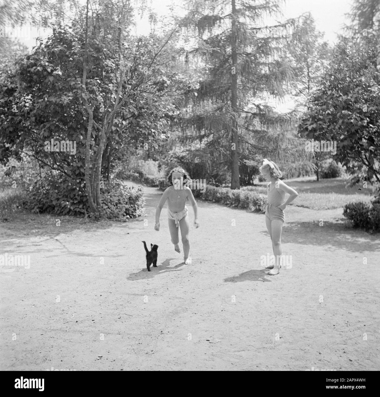 Prinzessin Beatrix und Prinzessin Irene in der Werkstatt Kindergemeinschaft Kees Boeke in Bilthoven Prinzessin Irene mit Klassenkameradin und Katze im Garten Datum: 1948 Ort: Bilthoven, Utrechter Schlüsselwörter: Katzen, Königshaus, Prinzessinnen persönlicher Name: Irene, Prinzessin Stockfoto