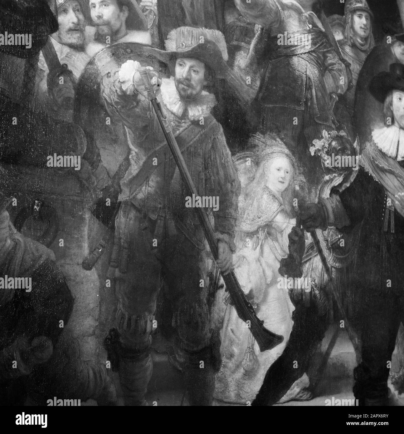 Film "Rembrandt im Tierheim" Restorator H.H. Mertens van het Rijksmuseum Arbeiten an der Nachtwache von Rembrandt van Rijn Datum: 1946 Ort: Amsterdam, Noord-Holland Schlüsselwörter: Wiederherstellungen persönlicher Name: Nachtwache, Rhein, Rembrandt von Stockfoto