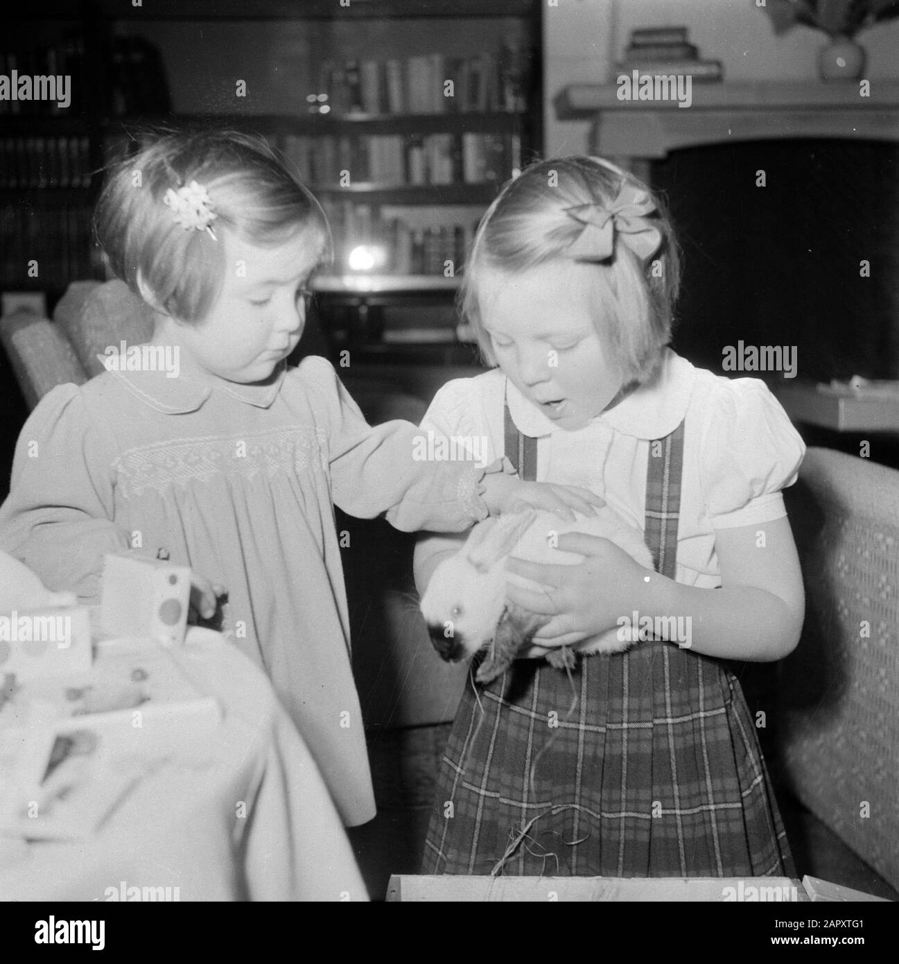 Die königliche Familie im Schloss Soestdijk Geburtstag Prinzessin Margriet. Prinzessin Margriet und Prinzessin Beatrix mit einem Kaninchen in ihren Armen Datum: {Ca. 1947} Ort: Baarn, Utrechter (Provinz) Schlüsselwörter: Kaninchen, Königshaus, Prinzessinnen, Geburtstage persönlicher Name: Beatrix (Prinzessin Niederlande), Margriet (Prinzessin Niederlande) Stockfoto