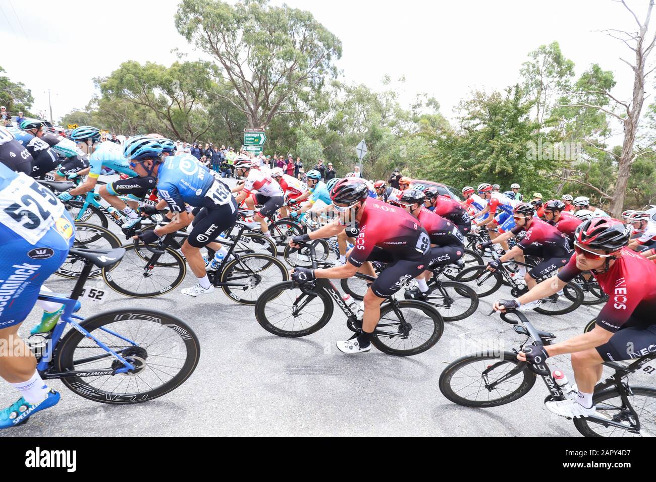 Fahrer, die auf Stufe 3 der Tour 2020 Im Radrennen in der Nähe von Adelaide Australia antreten Stockfoto